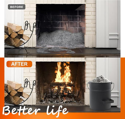 4 Gallon Ash Bucket with Lid and Shovel, Metal Fireplace Ash Bucket with Broom, Complete Fireplace Tools Set for Wood Stove and Fireplace