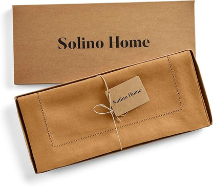 Solino Home Linen Brown Sugar Table Runner 120 Inches Long - 100% Pure Linen 14 x 120 Inch Table Runner - Classic Hemstitch