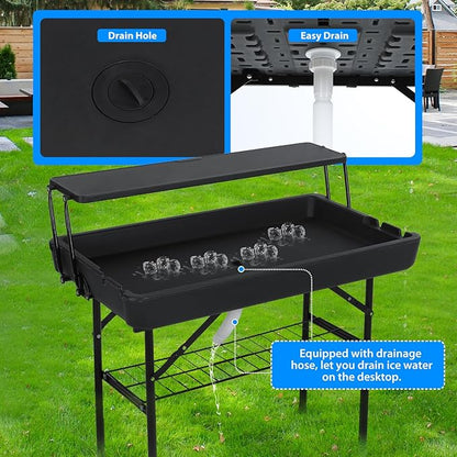 Nice C 4 ft Folding Ice Cooler Table, Party Cooler, Grazing Table, Tables with Drain, Party Tables, with Matching Skirt, Storage Shelf (Black)