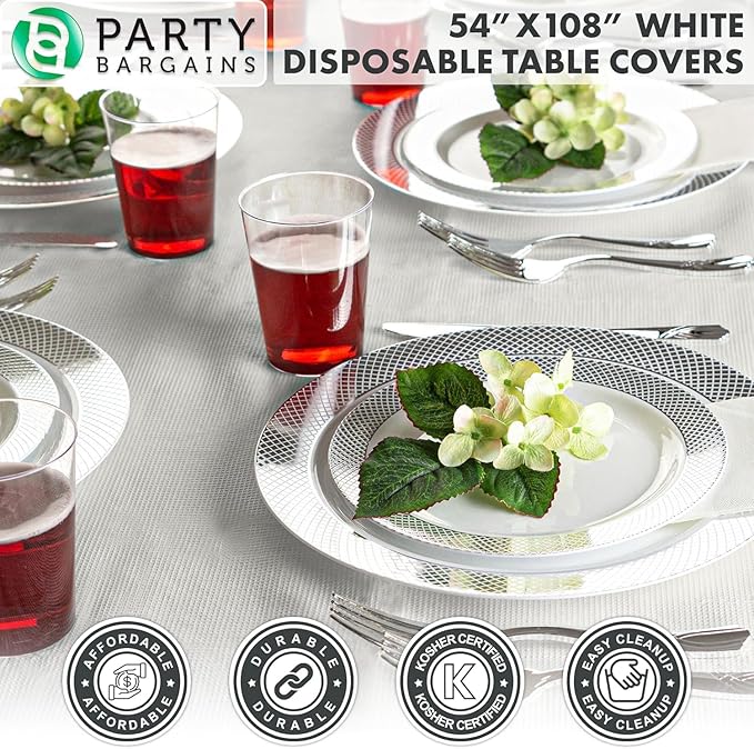 PARTY BARGAINS 5 Disposable Table Covers - 54" X 108", 3 Ply Paper & Plastic White Table Cover