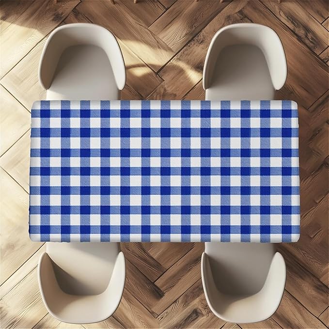 Rectangle Table Cloth Cover Waterproof Elastic Fitted Polyester Fitted Tablecloths for 8 Foot Tables for Indoor,Picnic, Camping, Outdoor （96" x 30"，Blue Grid）