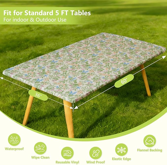 Rectangle Picnic Table Cloth, Elastic Waterproof Fitted Vinyl Tablecloths for 5 Foot Tables, Wipeable Flannel Backed Table Covers for Dining, Camping, Outdoor(Mulberry,36"x60")