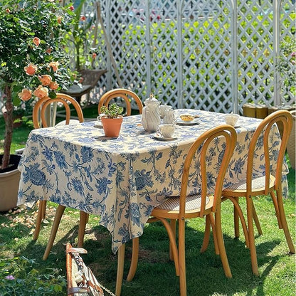 Rectangle Outdoor Tablecloth, Waterproof Table Cloth, Dining Table Cover for Farmhouse, Wedding, Dinner, Picnic - Spring/Summer, 54"x72", Beige Blue Flower