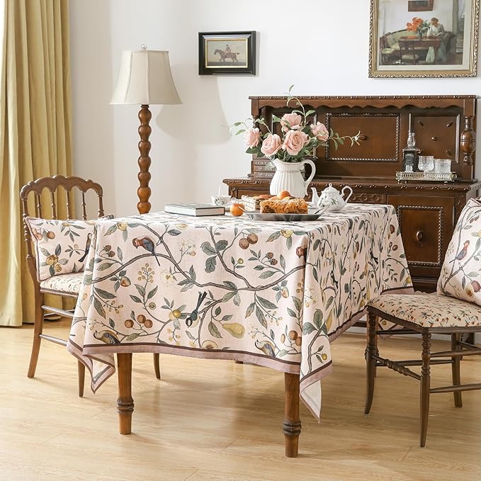 Linen Pink Tablecloth,Wrinkle Resistant French Vintage Tablecloth Print with Foral,Decor Square Table Cloth for Thanksgiving,Dining Room,Home,Kitchen 67" × 67"-Dewey A