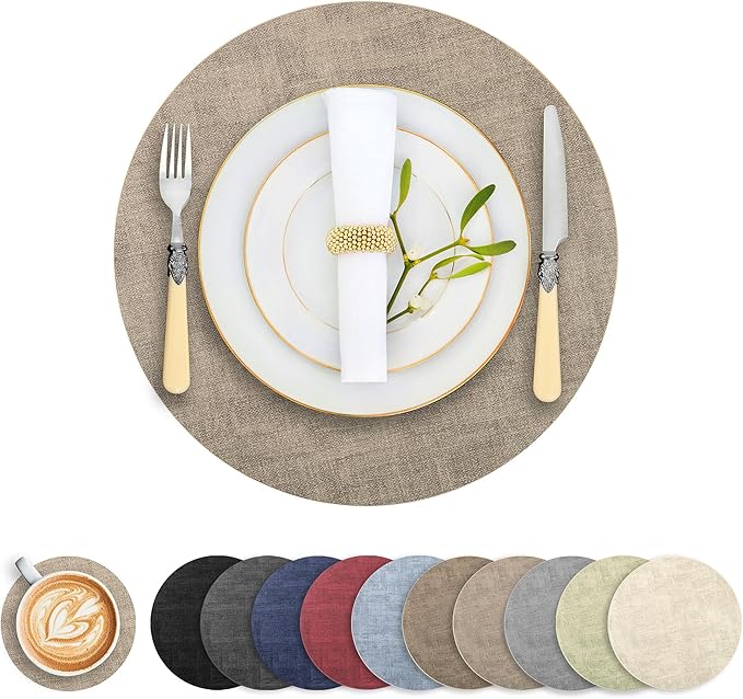 Round Faux Leather Placemats and Coasters, Set of 8, Reversible Heat Resistant Non-Slip Table Mats, Waterproof Wipeable Place Mats for Dining Table, Washable for Indoor & Outdoor (8, Light Brown)