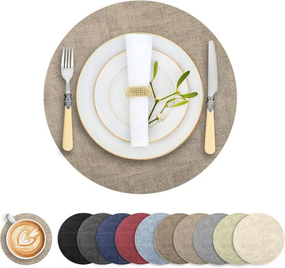Round Faux Leather Placemats and Coasters, Set of 8, Reversible Heat Resistant Non-Slip Table Mats, Waterproof Wipeable Place Mats for Dining Table, Washable for Indoor & Outdoor (8, Light Brown)