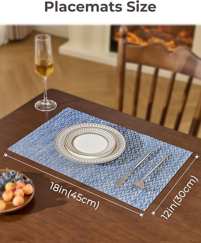 Leetaltree Blue Placemats Set of 8 - Heat Resistant Non-Slip Place mats for Dining Table, Washable Durable PVC Vinyl Woven Table Mats（Blue Zigzag, 8）