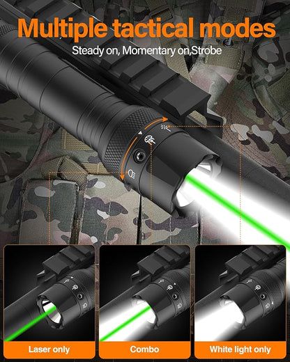TOUGHSOUL M-Rail Green Laser Tactical Flashlight 1250 Lumens, Rechargeable Flashlight with Remote Pressure Switch LED Light with Rechargeable Batteries and Charger Included (M-Rail-Light+Laser)