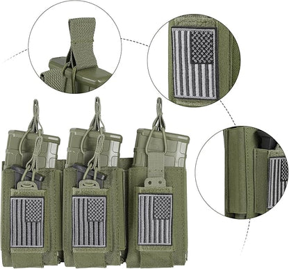 Open-Top Single/Double/Triple Molle Mag Pouch for 5.56mm M4 M16 AK AR Glock M1911 9mm Elastic Rifle Magazines Pistol Mag Pouches Holder Carrier with USA Flag Patch