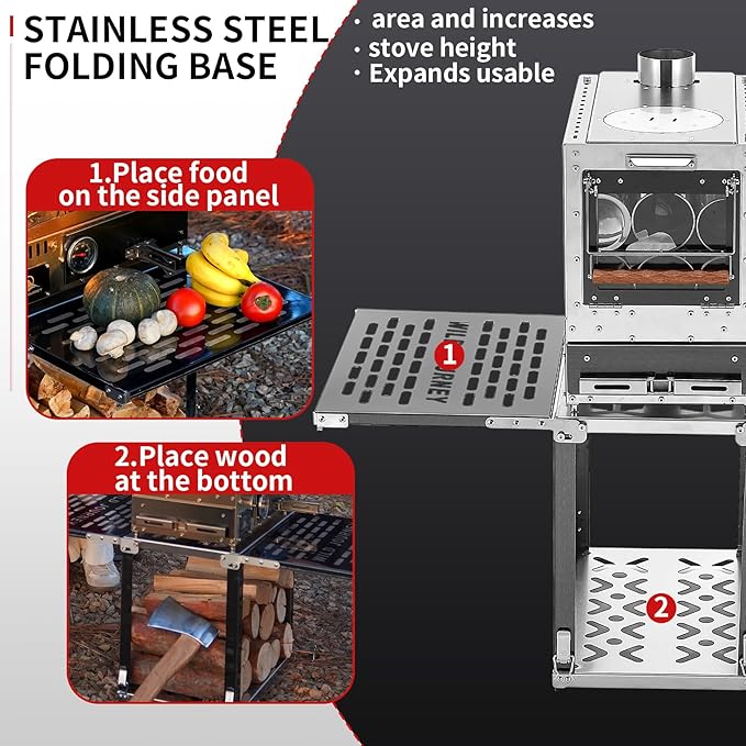 Heavy Duty M8 Wood Burning Stove with Oven, 2100 Cu In Large Firebox, 4 Air Inlets, Stainless Steel, Foldable Base & Ash Drawer, 6-Piece Chimney Pipe Kit for Outdoor Cooking, Camping, Off-Grid