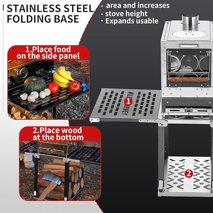 Heavy Duty M8 Wood Burning Stove with Oven, 2100 Cu In Large Firebox, 4 Air Inlets, Stainless Steel, Foldable Base & Ash Drawer, 6-Piece Chimney Pipe Kit for Outdoor Cooking, Camping, Off-Grid