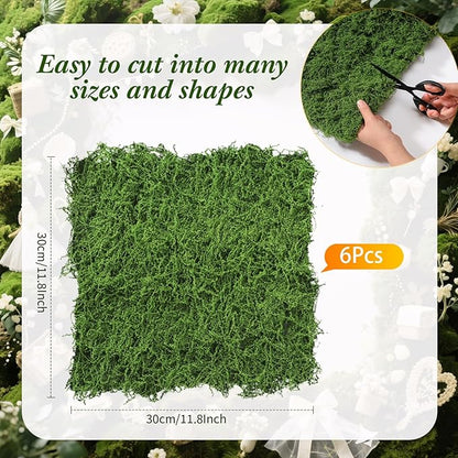 Zeyune 6 Pcs Fake Moss Table Runner for Crafts Artificial Moss Sheet Roll Waterproof Carpet Blanket for Wall Roof Garden Wedding Party Decoration (11.8 x 11.8 Inch)