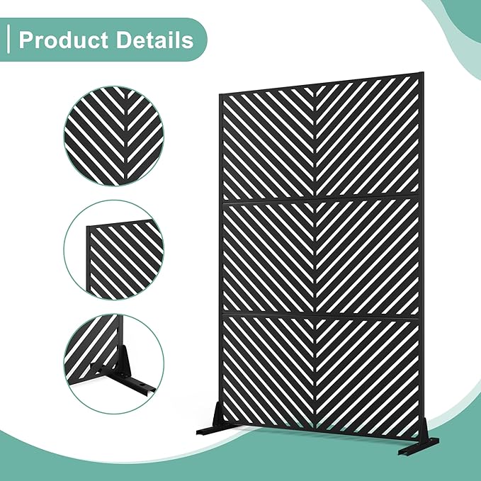 Metal Privacy Screen for Outdoor & Indoor Use, Free Standing Privacy Screen for Patio Garden Pool, 72" H x 47" W Decoative Privacy Panels, Weather Resistant, Easy Assembly (Black Parallel Line)