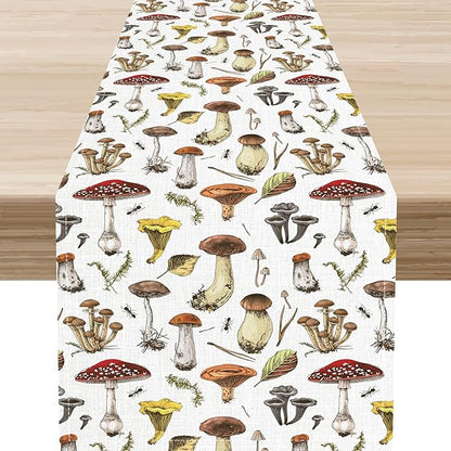 Mushroom Table Runner, Rustic Farmhouse Forest Plants Retro Botanical Country Coffee Table Center Decor for Home Kitchen Dining Patio Holiday Party Indoor Outdoor Table Decorations, 13"x108" Inch