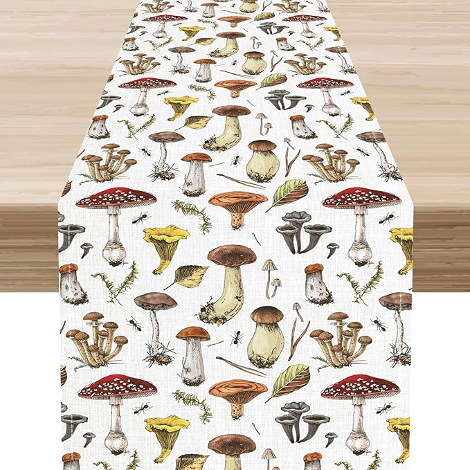 Mushroom Table Runner, Rustic Farmhouse Forest Plants Retro Botanical Country Coffee Table Center Decor for Home Kitchen Dining Patio Holiday Party Indoor Outdoor Table Decorations, 13"x90" Inch