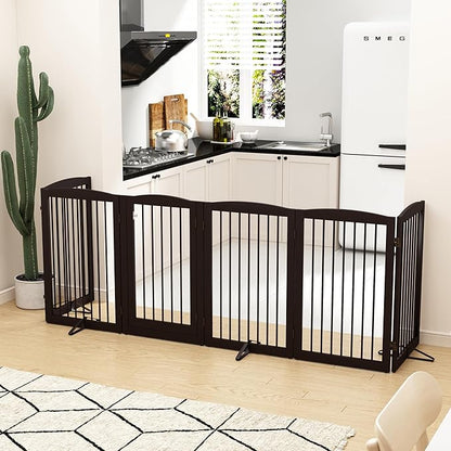 Freestanding Pet Gate with Door, Tall Dog Gate for House, Extra Wide, Pet Puppy Safety Fence, Support Feet Included, 120 Inch Wide, 6 Panels 32" Tall, Brown