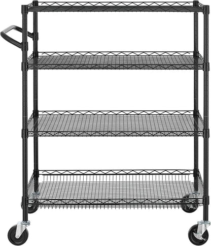 Finnhomy 4 Tier Heavy Duty Commercial Grade Rolling Cart with Handle Bar, Metal Wire Utility Cart with Wheels, Service Trolley on Wheels, Shelf Size 18" D x 36" W, NSF, Black