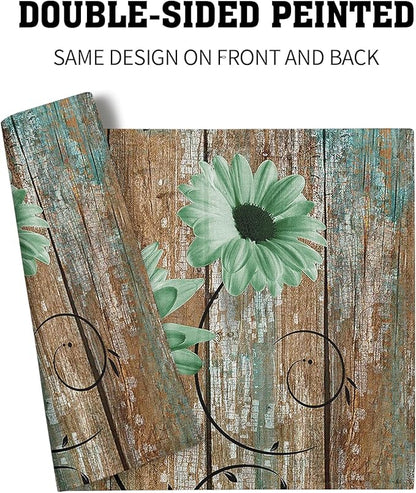 Giwawa Rustic Daisy Placemats Set of 4- Green Sunflowers on Vintage Wood Board Linen Place Mat- Farmhouse Wooden Non Slip Heat Resistant Table Mats for Dining Kitchen Cabin Lodge Decor