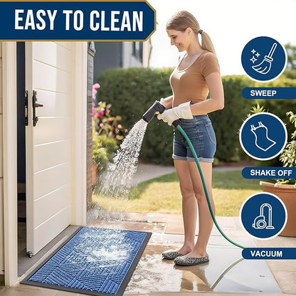 Smiry Front Door Mat Outside Entrance, Heavy Duty Sturdy Natural Rubber Doormat, Trap Dirt and Moisture, Easy Clean Low Profile Mats for Indoor Outdoor Entry, Irregular Triangle (59x24, Blue)