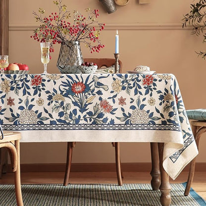 patdrea Designer Blue Tablecloth for Rectangle Table,Vintage Linen with Leaves and Floral Pattern Tablecloths,Farmhouse Decor Cover for Kitchen Dining Christmas,Thanksgiving,63"x87"-Ivar a