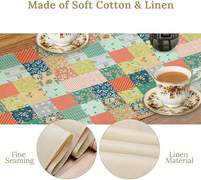 Boho Floral Patchwork Table Runner, Colorful Flower Print Rustic Farmhouse Country Vintage Paisley Table Runner for Dining Cafe Holiday Kitchen Home 13x108in