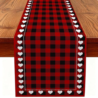 Valentine’s Day Love Heart Red Black Buffalo Plaid Table Runner 13x36 Inch Seasonal Holiday Kitchen Dining Tabletop Runners for Anniversary Mantel Party Indoor Outdoor Decoration