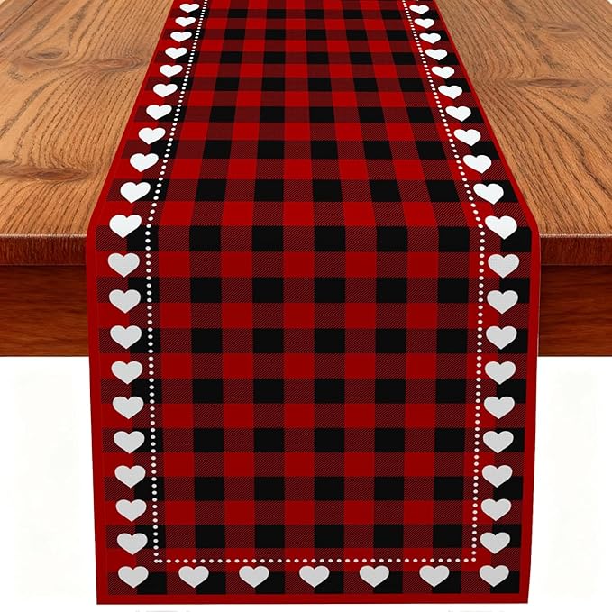 Valentine’s Day Love Heart Red Black Buffalo Plaid Table Runner 13x48 Inch Seasonal Holiday Kitchen Dining Tabletop Runners for Anniversary Mantel Party Indoor Outdoor Decoration