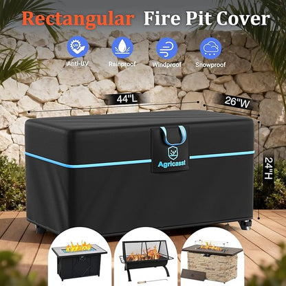 Fire Pit Cover Rectangular for 40''- 44'' Fire Pit, 600D Heavy Duty Firepit Cover Waterproof Fire Table Cover with Air Vent, Handle, 4 Windproof Buckles, Drawstring - 44''L x 26''W x 24''H