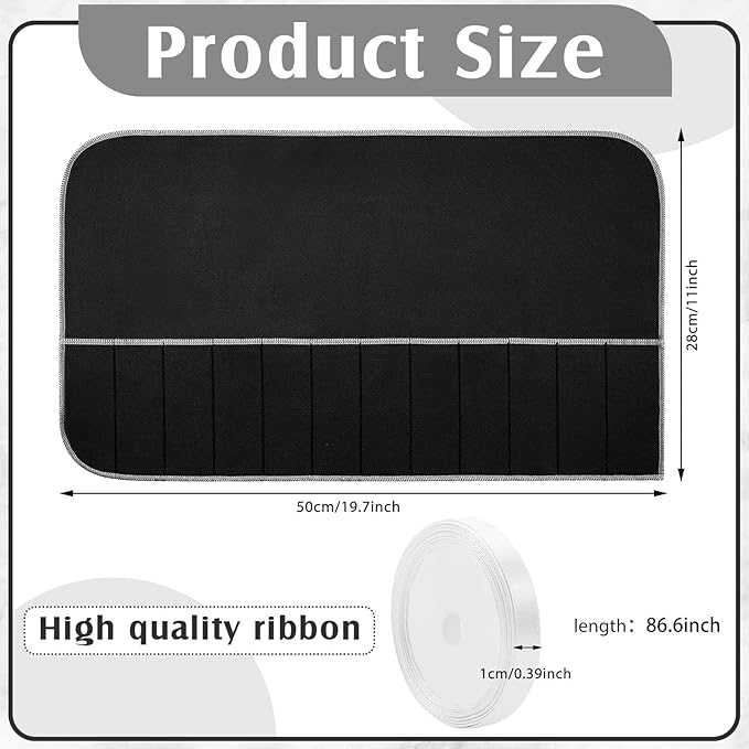 Hillban 18 Pcs Anti Tarnish Silver Storage Bags Silver Storage Cloth Felt Flatware Organizer Anti Tarnish Protector Bags Place Setting Roll with White Ribbon for Kitchen Cutlery (12 Slots,Black)
