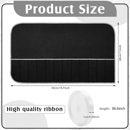 Hillban 18 Pcs Anti Tarnish Silver Storage Bags Silver Storage Cloth Felt Flatware Organizer Anti Tarnish Protector Bags Place Setting Roll with White Ribbon for Kitchen Cutlery (12 Slots,Black)