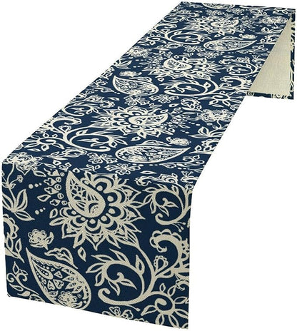 Blue Paisley Table Runner, Vintage Damask Antique Floral Flower Boho Damask Swirled Rustic Coffee Table Center Decor for Family Kitchen and Living Room Outdoor Table Decorations, 13"x90"