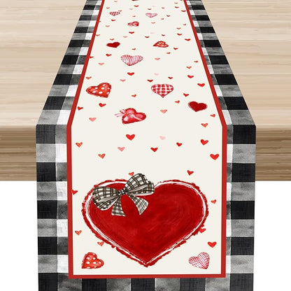 Valentines Day Table Runner,Vintage Red Black Heart Buffalo Plaid Valentines Decor for Table Seasonal Lovely Decor for Indoor Outdoor Dining Table Decorations, 13"x90"