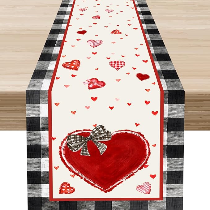 Valentines Day Table Runner,Vintage Red Black Heart Buffalo Plaid Valentines Decor for Table Seasonal Lovely Decor for Indoor Outdoor Dining Table Decorations, 13"x36"