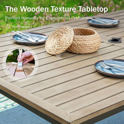 PHI VILLA 7-Piece Outdoor Dining Set, Heavy Duty Patio Table and Chairs Set with Umbrella Hole for 6, 64" Rectangular Patio Woodgrain Metal Table & Wicker Metal Chairs with Cushions, 2 Swivel