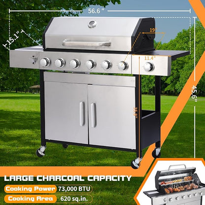 CIG GARDEN 6 Burner Propane Gas Grill With Side Burner,3 in 1 Gas BBQ Grill,73000 BTU Outdoor Barbecue Propane Griddle Grill Combo for Camping, Patio, Backyard