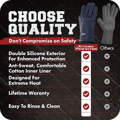 KITCHEN PERFECTION S Silicone Smoker Oven Gloves -Extreme Heat Resistant BBQ Gloves -Handle Hot Food Right on Your Grill Fryer Pit|Waterproof Oven Mitts |Superior Value Set+3 Bonuses