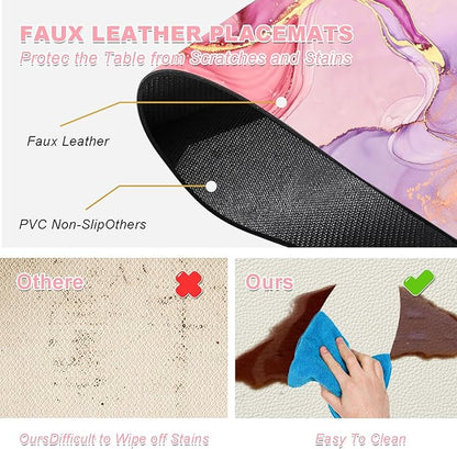 Marble Pink Placemats Set of 4 - Faux Leather Heat Resistant Placemats for Dinner Table, Non-Slip Waterproof Oil-Proof Washable Reusable Placemat for Indoor Outdoor Kitchen Decor, 15.75In*11.81In
