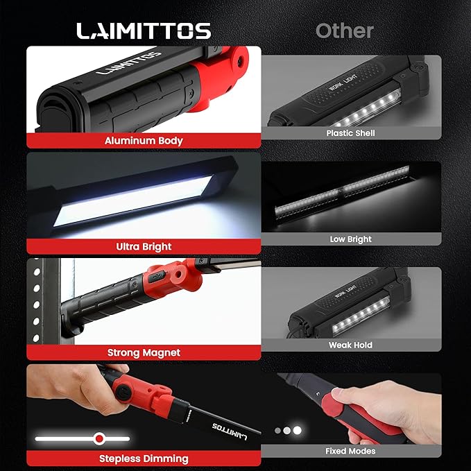 Rechargeable Work Light 2200mAh Magnetic LED Work Light Flashlight Mechanic Light Tool for Men Him, Foldable Lamp with Hook for Car Repair Emergency BBQ Grill (2 Pack)