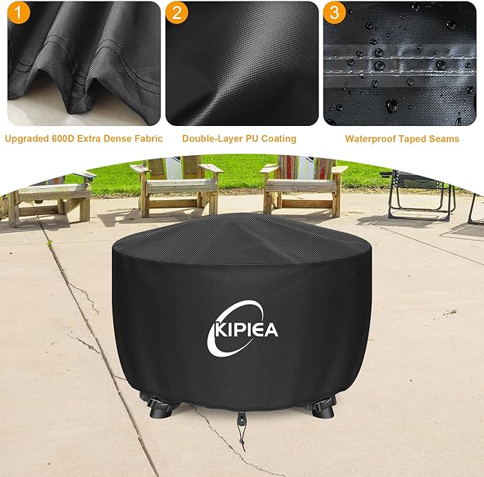 Kipiea Round Fire Pit Cover - 100% Waterproof Upgraded 600D Strong Tear Resistant Firepit Cover, UPF 50+ Outdoor Fire Pit Cover Fading Resistant, 44" Dia X 24" H