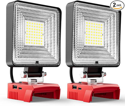LIVOWALNY 2PCS 30W Cordless LED Work Light Compatible with Milwaukee 18V Battery, 3000LM Portable Flashlight with USB & Type-C Output Port, Flood Light Low Voltage Protection, Battery Not Included
