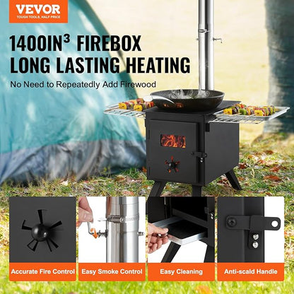 VEVOR Camping Wood Stove Alloy Steel Camping Tent Stove, Portable Wood Burning Stove with Chimney Pipes & Gloves, 1400in³Firebox Hot Tent Stove for Outdoor Cooking and Heating with 8 Pipes