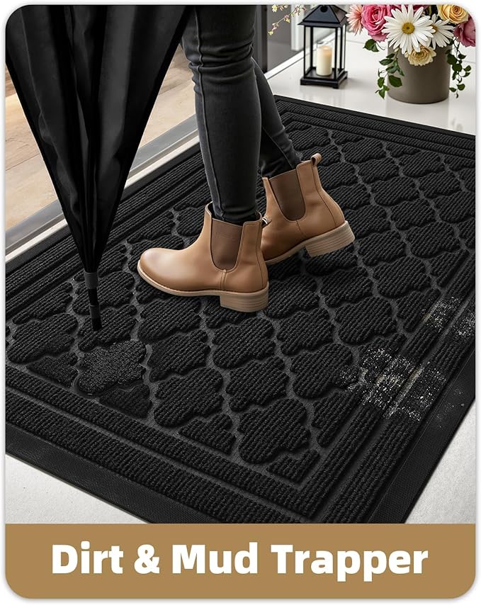 Color&Geometry Front Door Mat Outside Entrance, Heavy Duty Non Slip Low Profile Doormat for Entryway, Trap Dirt and Moisture Welcome Mats All-Weather, Easy Clean, Patio, Garage, 17"x30" Black