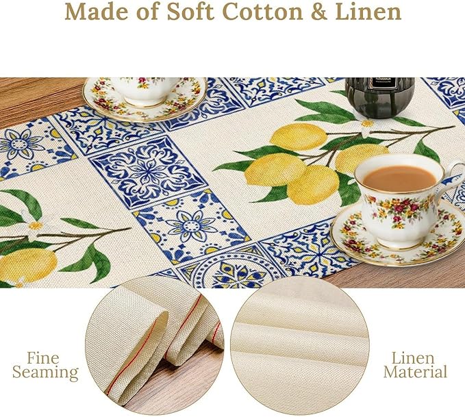 Yellow Lemon Table Runner, Blue Tiles Summer Holiday Tasty Fruit Healthy Fruit Vintage Watercolor Rustic Botanic Table Cover for Party Picnic Dining Room Kitchen, 13x90inch