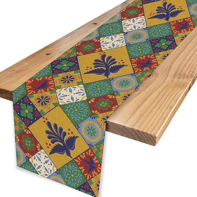 Mexican Table Runner, Orange Floral Birds Mexico Talavera Ceramic Dia De Los Muertos Coffee Table Center Decor for Family Home Kitchen and Dining Farmhouse Indoor Outdoor Table Decorations, 13" X 36"