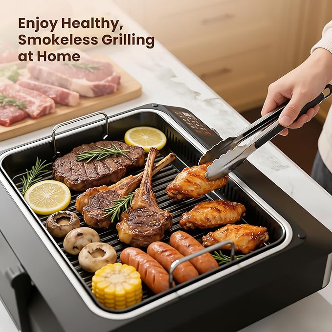 Kismile 2-in-1 Griddle and Indoor Grill,Electric Smokeless Grill with Temperature Probe,Temperature Control & display screen,Portable Smoke-Free Griddle for Indoor Steaks,Vegetables,Family Cooking