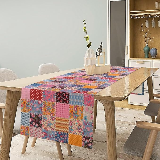 Patchwork Floral Table Runner, Patch Boho Flowers Country Wildflowers Rustic Splicing Design Pattern Table Runner for Farmhouse Kitchen Dining Home Party 13x70in
