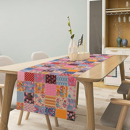 Patchwork Floral Table Runner, Patch Boho Flowers Country Wildflowers Rustic Splicing Design Pattern Table Runner for Farmhouse Kitchen Dining Home Party 13x120in