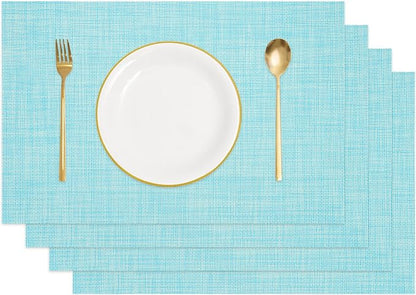 uxcell Faux Linen Placemats, 12x18 Inch Heat Resistant Place Mats Machine Washable Non-Slip Cloth Placemats for Dining Table Kitchen Indoor Outdoor Home Decoration(Blue,4Pcs)