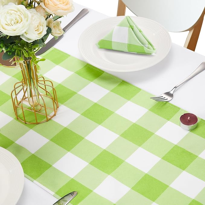Fabric Checkered Table Runner 6 Pack Waterproof Gingham Table Runner 14W x 108L Buffalo Check Table Runners for Parties Kitchen Dining Wedding Banquet (Emerald and White)