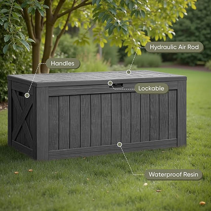 Flamaker Resin Deck Box 120 Gallon Waterproof Large Outdoor Indoor Storage Box Imitation Wood Resin for Patio Furniture Garden Tools and Pool (Gray)